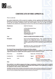 Certificate of Fire Approval. Fixed Gas fire Extinguishing System Type (FM-200 GX20 Series Engineered Fire Suppression System) for Mashinery Spaces of Category A and Cargo Pump Rooms.